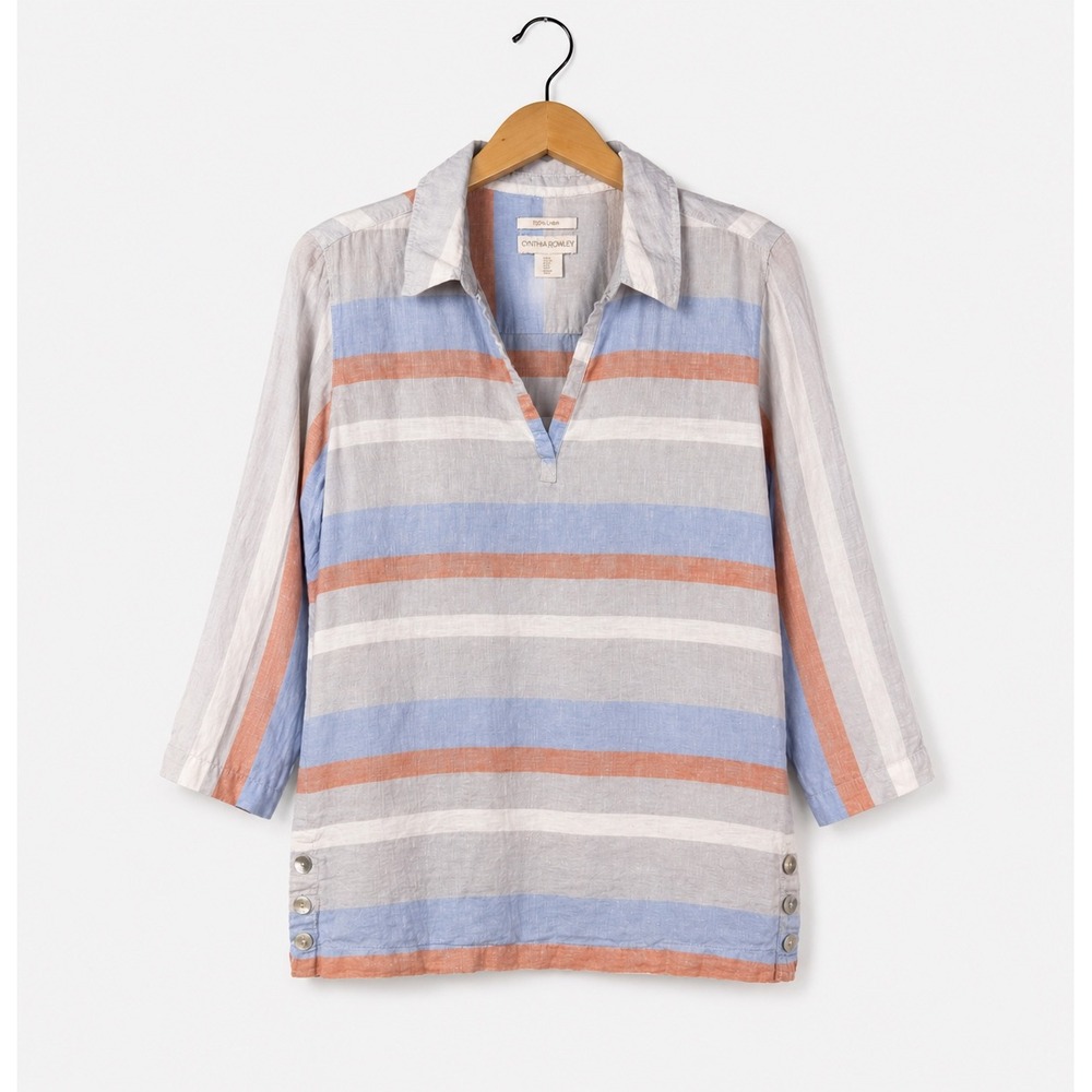 Cynthia Rowley Linen Tunic Top Womens Small Blue Coral Striped V-Neck 3/4 Sleeve